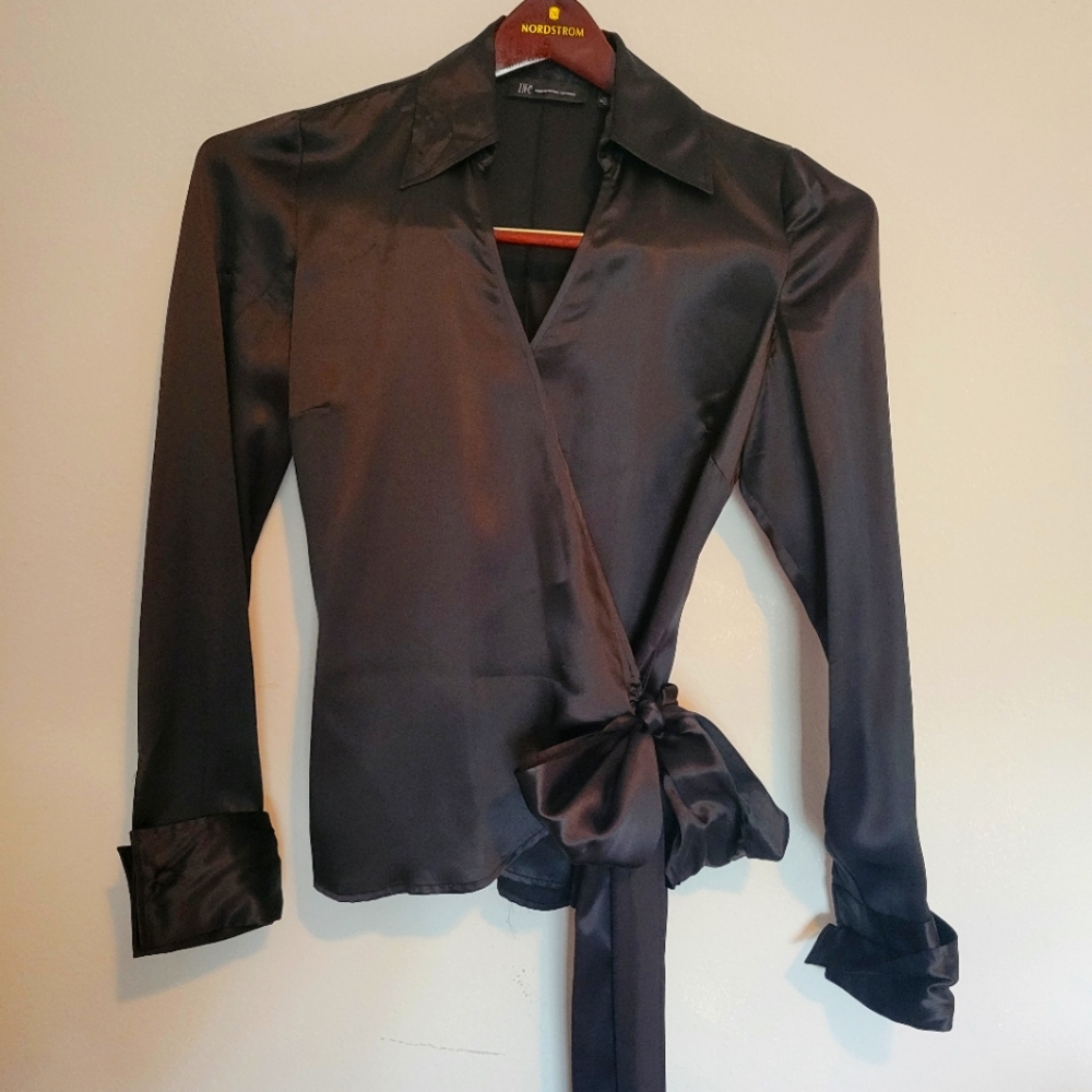 INC Silk Black Wrap Blouse Y2K Vintage Yet on Trend Contemporary Sash Bow XS
